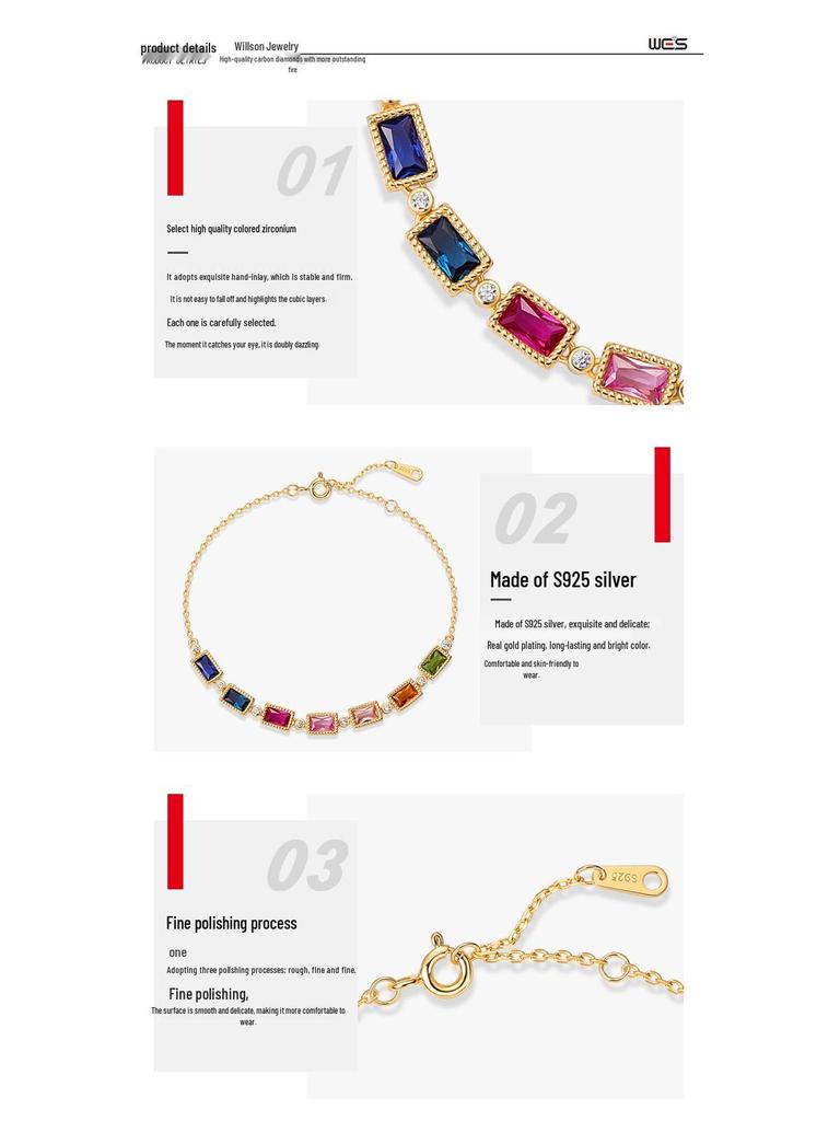 S925 Silver Gold-Plated Rainbow Zircon Bracelet with Multi-Color Gemstones - Luxurious Holiday Gift