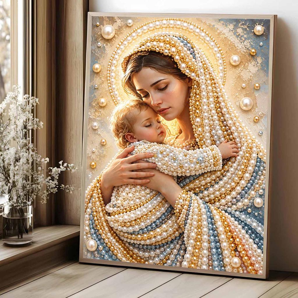 Holy Virgin and Child Pearl Bead Painting with Frame Shiny Canvas Art Creative Handmade Craft Desk Decor Gift for Religious Art Lovers