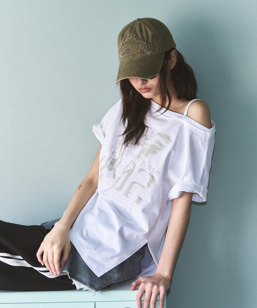 Ledeoli Vintage Slit One-Shoulder Short Sleeve T-Shirt [White]