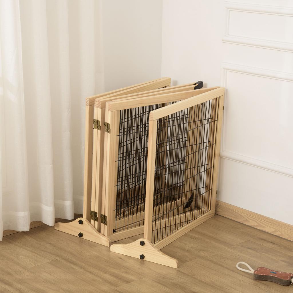 Wooden Pet Gate, Freestanding Dog Security Barrier with Two Support Feet - Natural Tone