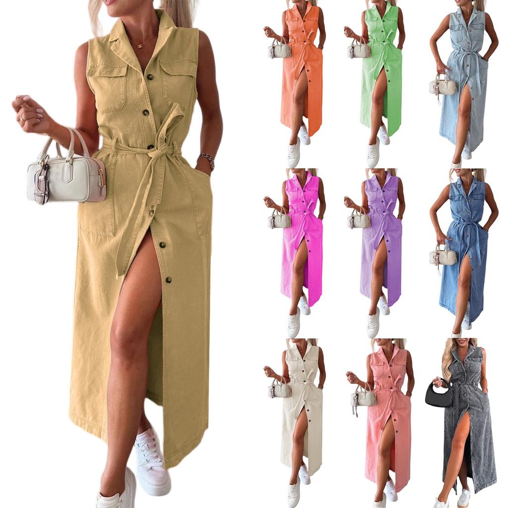 Ladies' Casual And Fashionable Sleeveless Waist Cinched Single Breasted Denim Dress