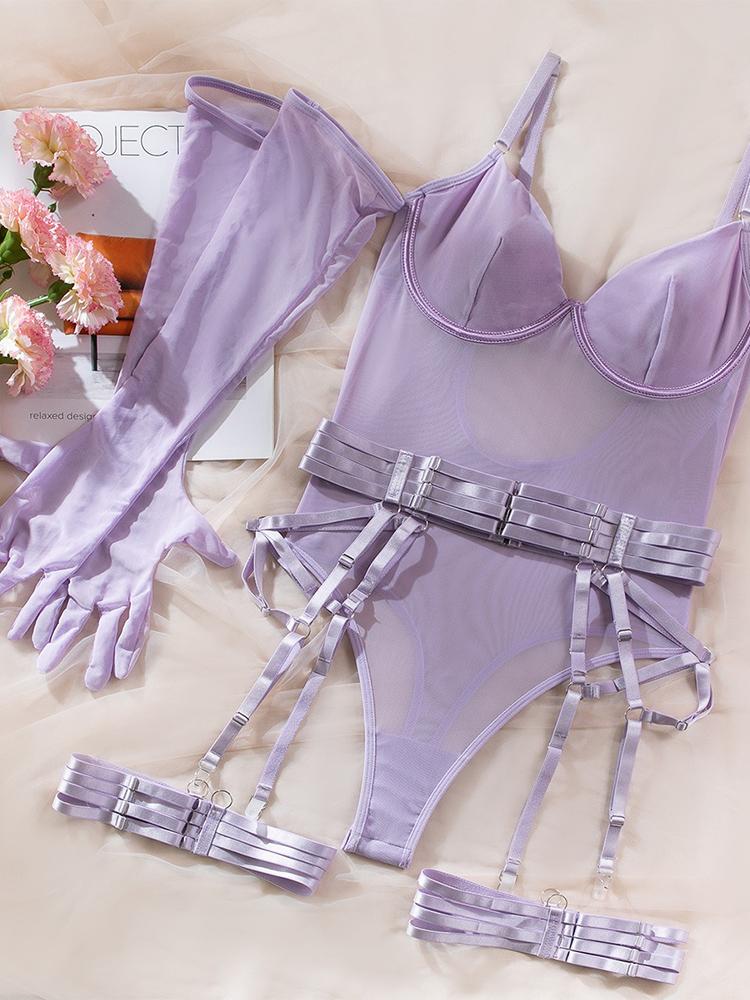 Tight Lingerie Lace Bodysuit Sexy See Through Erotic Bodysuit with Gloves Garter Night Clubwear Outfit Sissy Open Anal Mesh Top