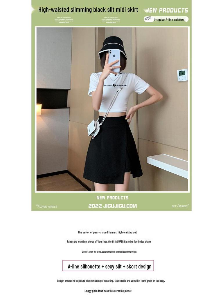 Plus Size Black High Waist A-Line Bodycon Skirt with Slit - Irregular Midi Summer 2025 Collection