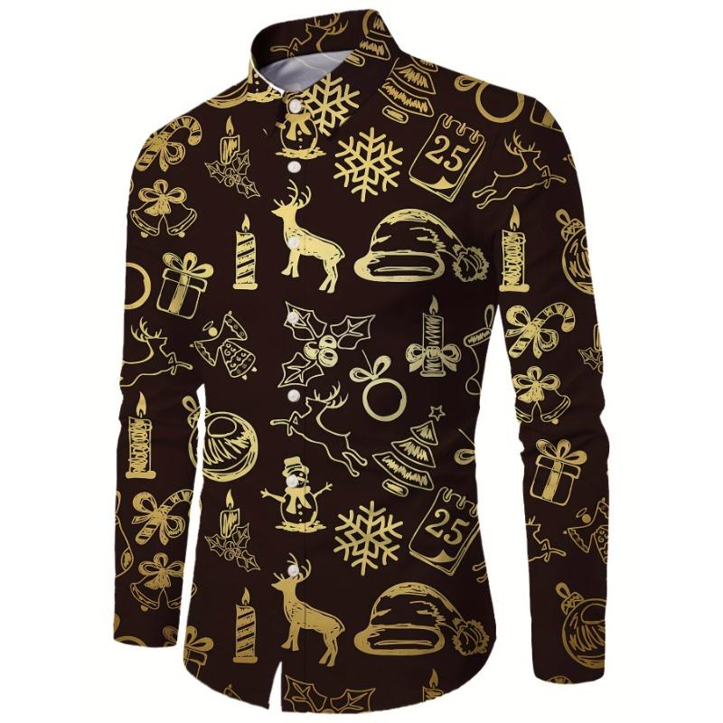 Christmas Theme Men's Gift Elk Graphic Printed Formal Shirts Christmas Graphics Long Sleeve Shirt Fashion Men's Shirts For Men