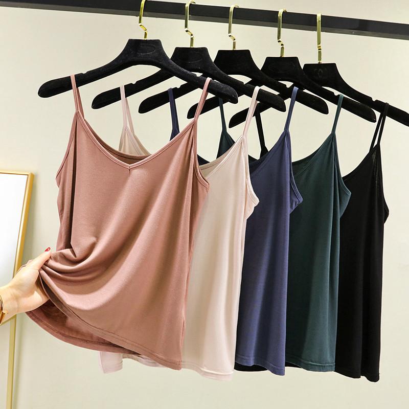 Summer solid color suspender vest women's loose v-neck sleeveless bottoming shirt, thin inner and large size outer wear versatile top