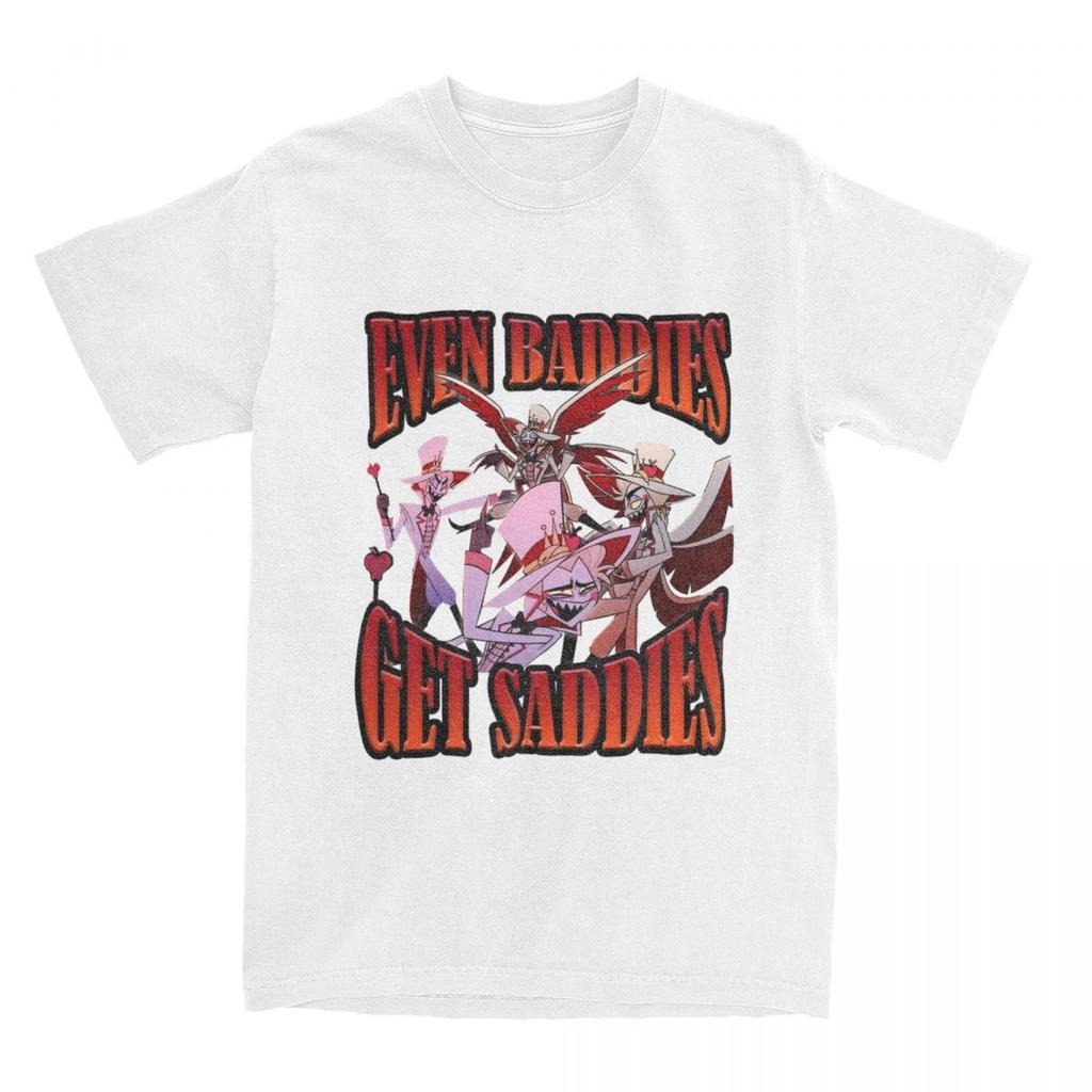 Lucifer Even Baddies Get Saddies T Shirt Men Hazbins Hotels Retro Cotton T-Shirts Summer O-Neck Tees Casual Oversize Clothing