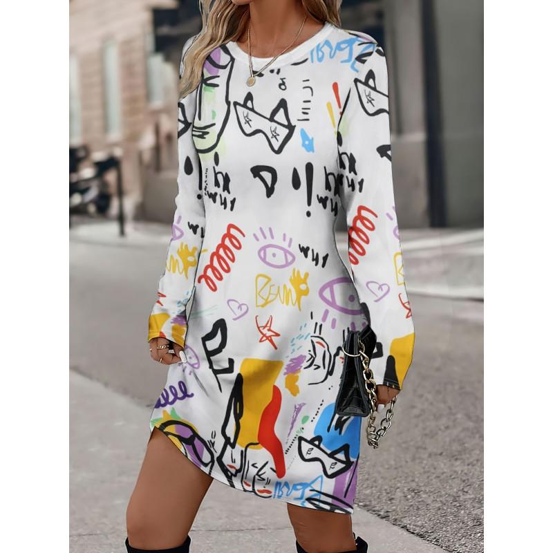 Womens Heart Print Round Neck Long Sleeve Plaid Patchwork Midi Dress Elegant Casual Office Wear