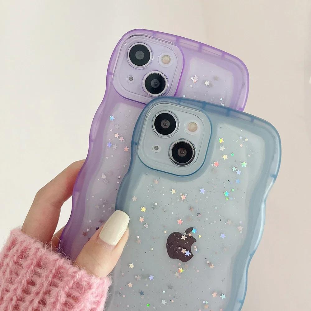for iPhone 16 15 14 13 12 11 Pro Max Mini XR SE 7 8 Plus Case Cute Clear Drip Glue Star Curly Wave Hybrid Shockproof Soft Cover