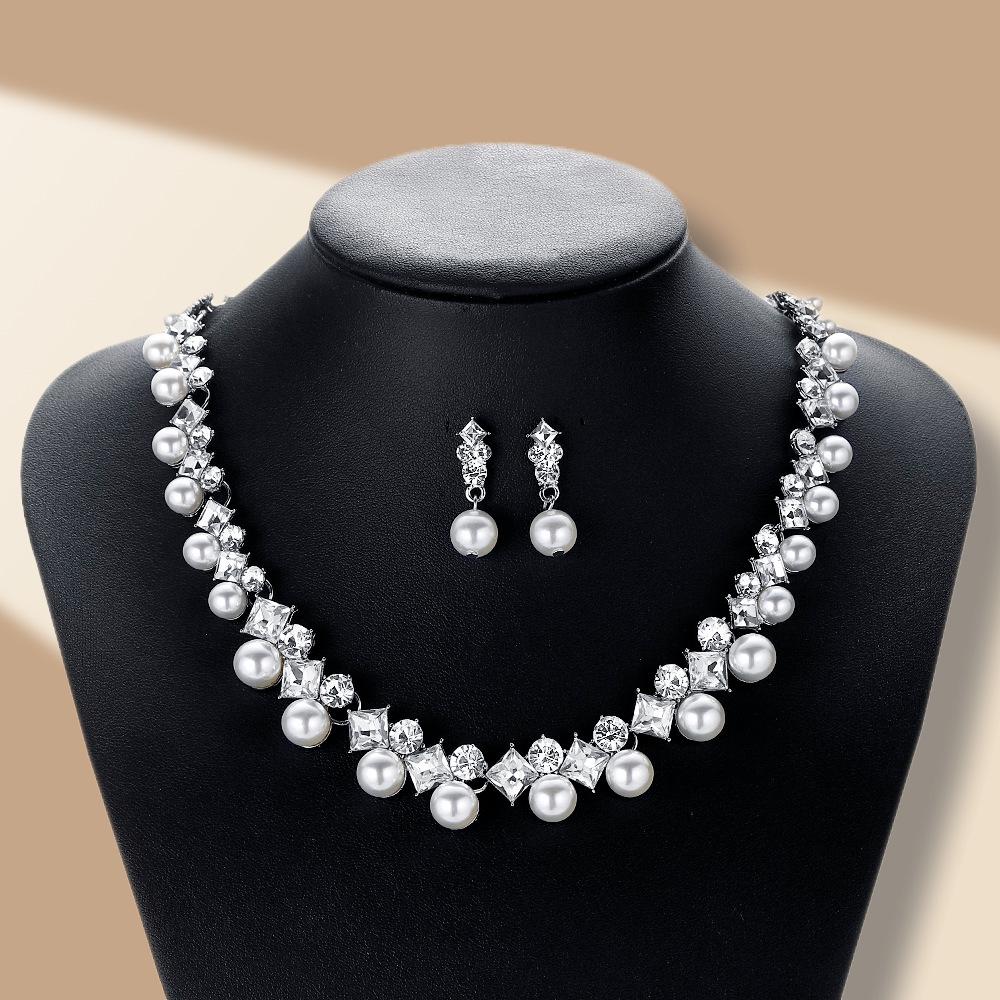 Bridal Pearl Necklace & Earring Set with Rhinestone Crystals for Women