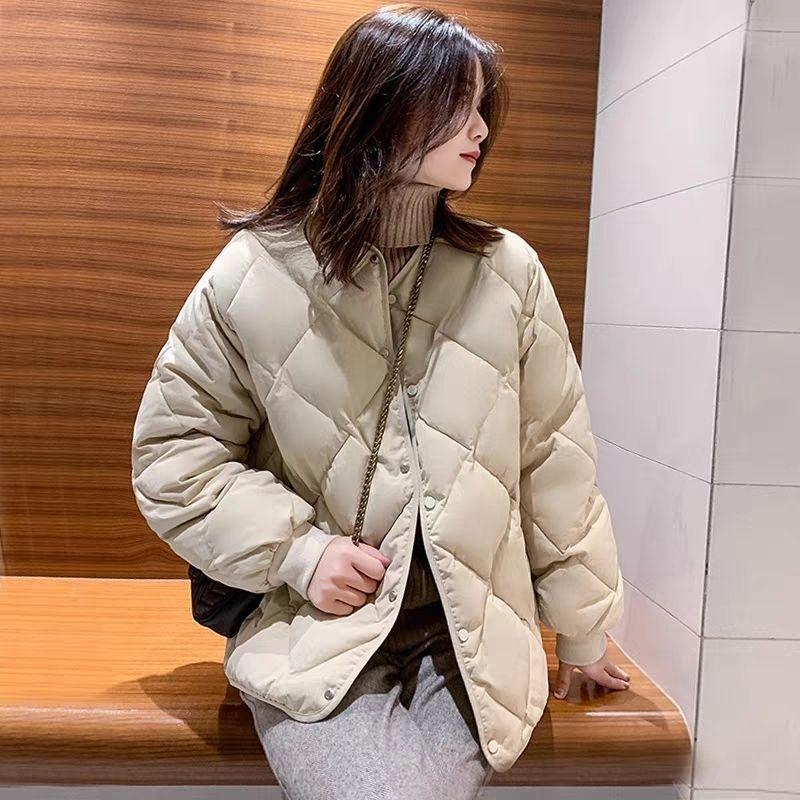 Damen Herbst Winter Einfarbig Diamantmuster Kragenlos Rundhals Mode Kurze Baumwollwattierte Jacke Leichter Baumwollmantel Oberbekleidung