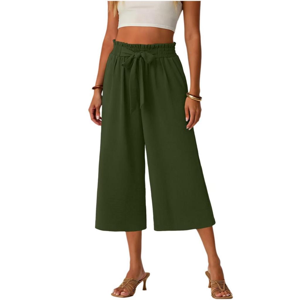Women's Summer Lace-Up -Color Loose-Fit Straight-Leg 7/8-Length Pants With Pockets And Lace-Up Elastic Waistband