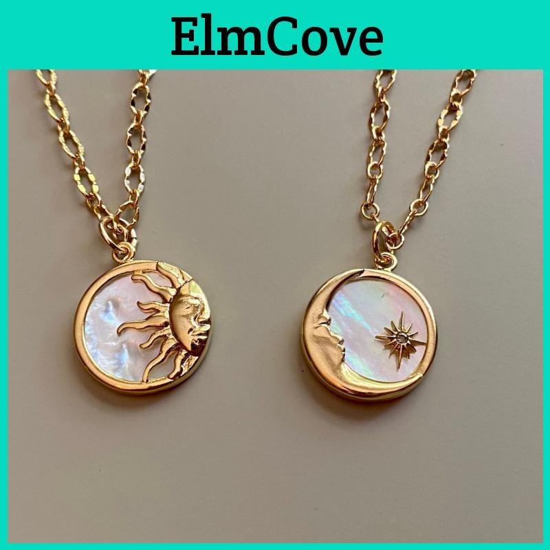 Pendants Vintage Moon Sun And Necklace White Shell Round Coin Stainless Steel Chain Necklaces Femme Jewelry Bijoux Gift