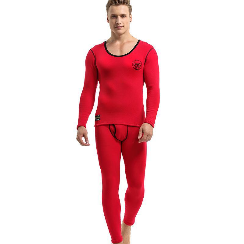 

Мужской плюшевый хлопковый свитер с V-образным вырезом и штаны в комплекте - теплый осенний слой L красный