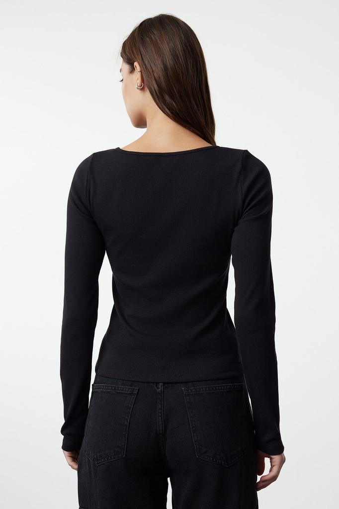 Women's Fashion Black Button Detailed Crew Neck Ribbed Flexible Regular Length Knitted Blouse
