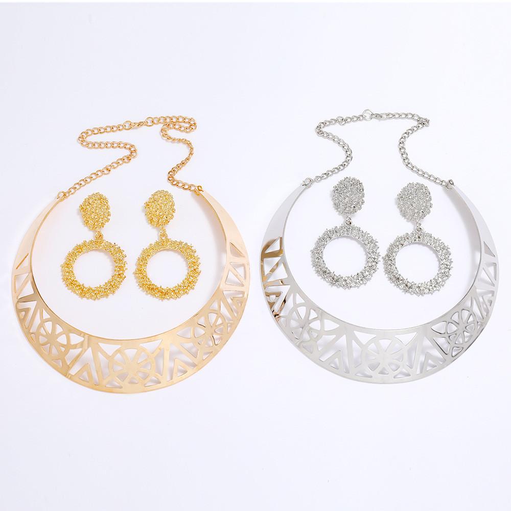 Solid Fashion Color Hollow Design Women Metal Necklace Collar Round Earring Set