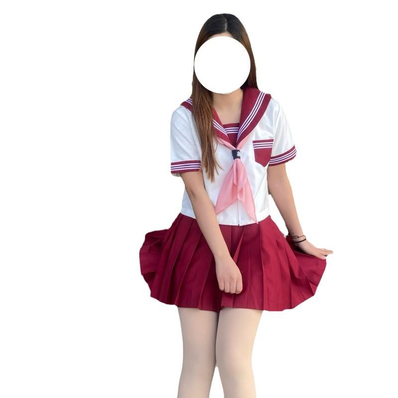 Authentic Japanese Sailor Suit: Red Collar, White Three-Stripe Academy Style School Uniform Costume Set for Women