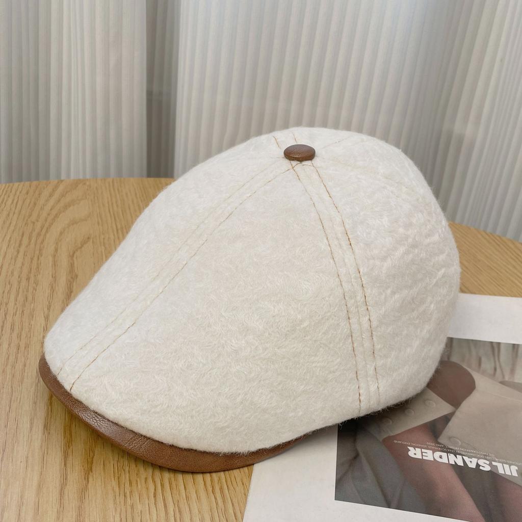 Woolen forward hat women's autumn and winter solid color retro versatile duck tongue newsboy hat warm face small painter hat