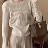 2026 Autumn Women's Striped Knit Two-Piece Set: Round Neck Top & High Waist Skirt