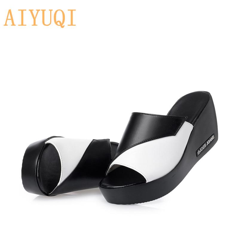 Woman Platform Flip Flops Summer Women Genuine Leather Slipper High Heel Shoes  Women Slipper