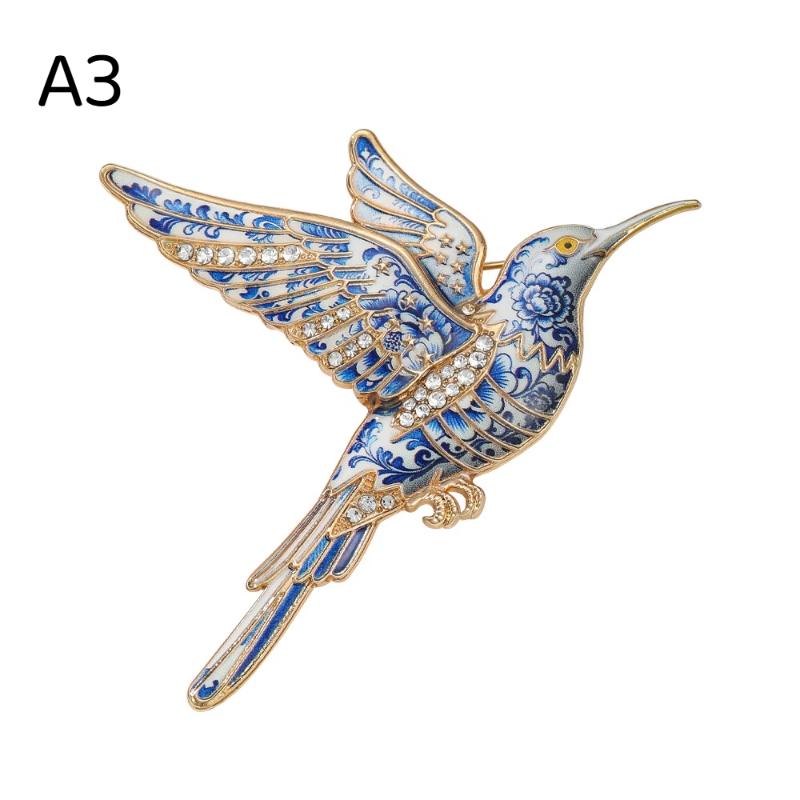 1Pcs Chinoiserie Blue White Porcelain Hummingbird Brooch Shiny Rhinestone Lapel Pin Unique Gift for Female Friends