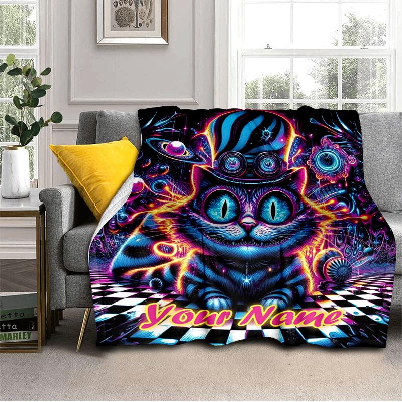 1PC Custom Name Psychedelic Cat Dreamscape flannel blanket versatile,all-season throw suitable for the living room,bedroom,camping,travel,and gift