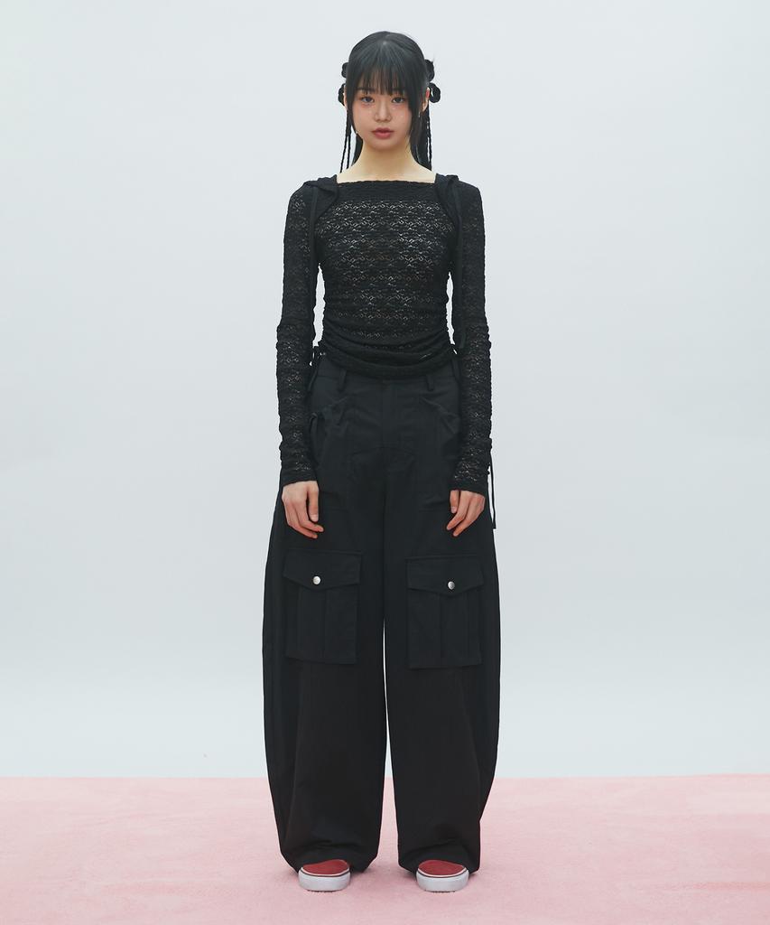 Lace Boat Neck Hoodie Black Br2Cl006