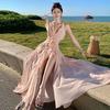 Sleeveless V-neck Neck Dress, Gentle Temperament, Fungus Edge Backless Dress, Beach Dress, Long Dress Elegant