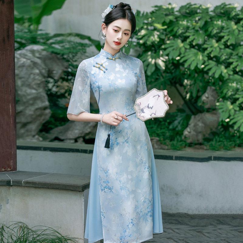 Blue Aodai national style new Chinese Suzhou cheongsam improved young 1011 new women's high-end dress summer