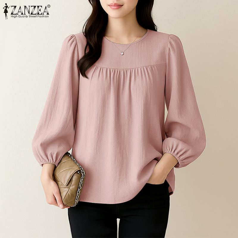 ZANZEA Dame Casual Rund Hals Løs 3/4 Erme Ensfarget Bluse