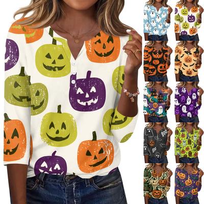 Women's Casual V Neck Button Front Halloween Print T Shirt Three Quarter Sleeve Top Lightweight Soft Fabric Comfortable Fit