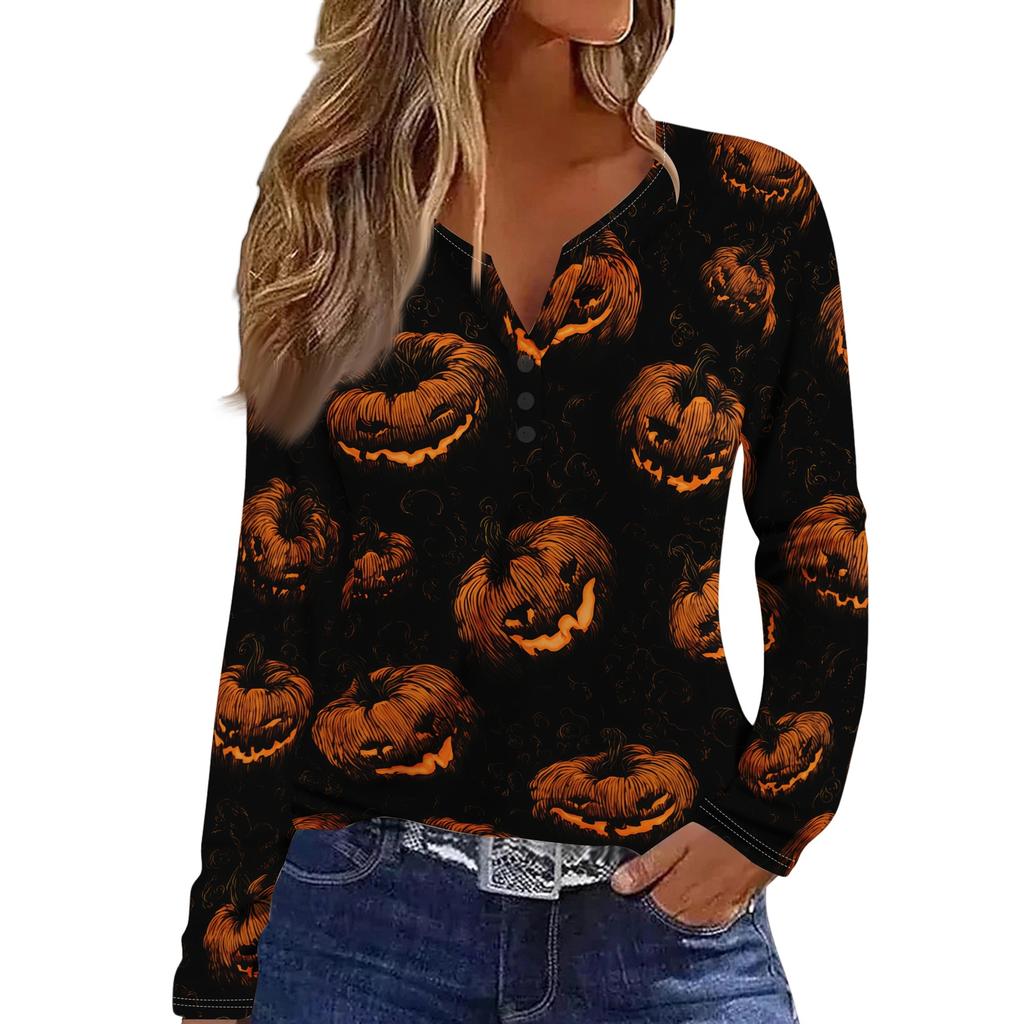 Women's Casual Long Sleeve T-Shirt with Halloween Print V-Neck Button for Parties