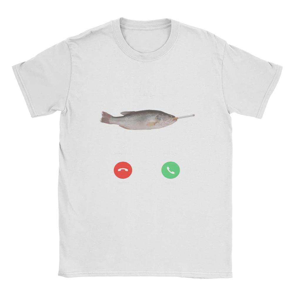Novelty Fih Calling TShirt for Men Women Round Neck Pure Cotton T Shirt Fish Is Smoking Short Sleeve Tee Shirt Graphic Clothing