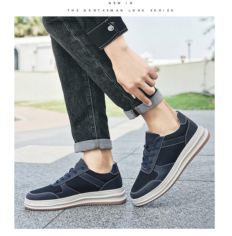 New Men's Breathable Mesh White Sneakers: Thick Sole, Round Toe, Lace-Up, Versatile for Casual and Work Wear
