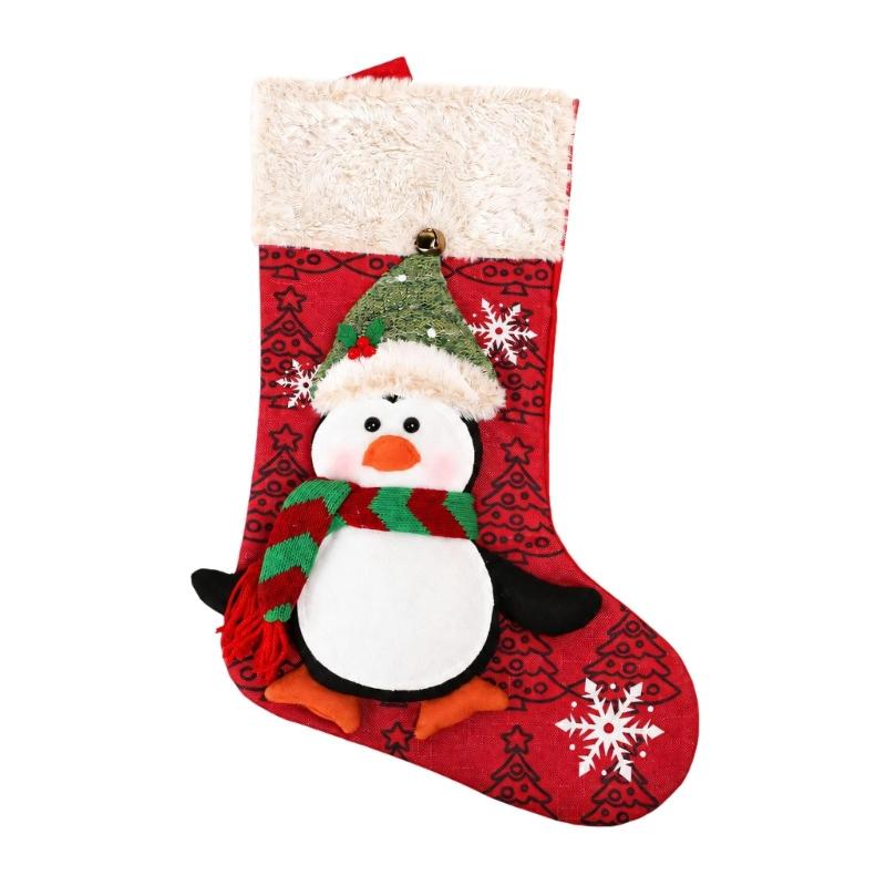 Polyester Christmas Stocking Decoration with Integrated Loop, Raised Holiday Character, Tree Print and Small Bell Feature