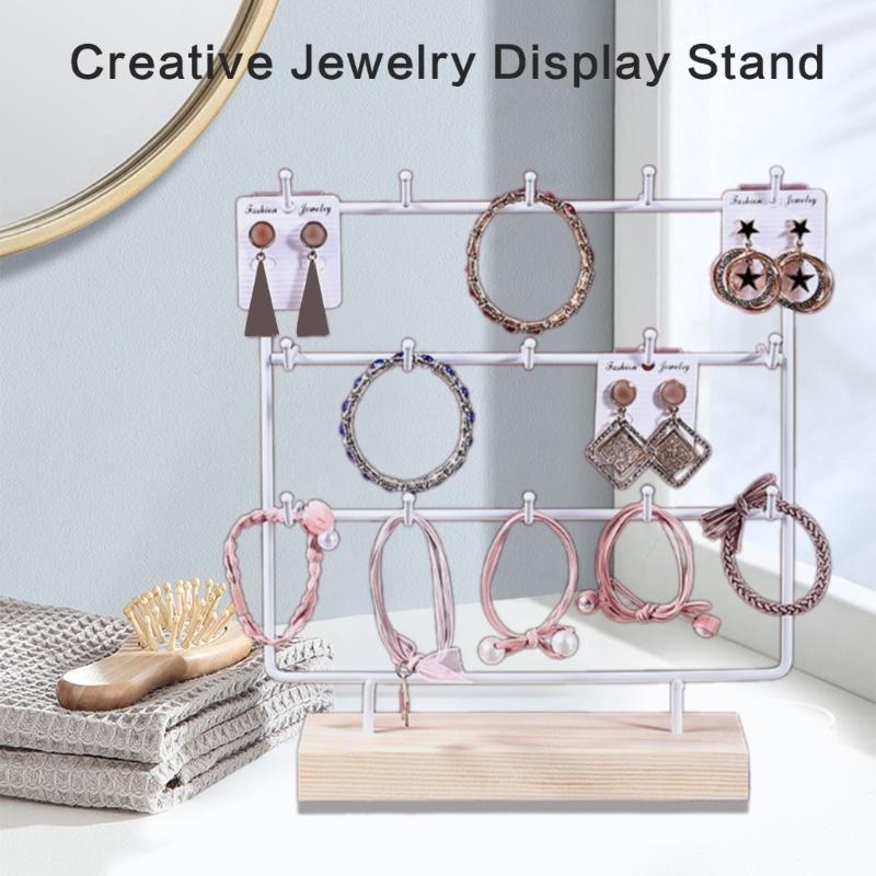 Wood Base Earring Display Stand with 3 Tiers and 15 Hooks Jewelry Presentation Rack Stylish Accessory Organization Shelf