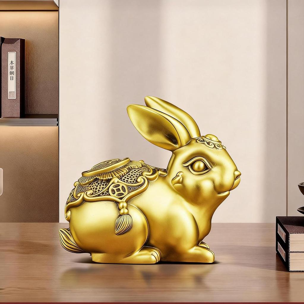 Aris & Juno Brass Wealth Rabbit Figurine – Chinese Feng Shui Prosperity, Protection & Good Fortune Symbol for Entryway, Office Desk or Home Decor,