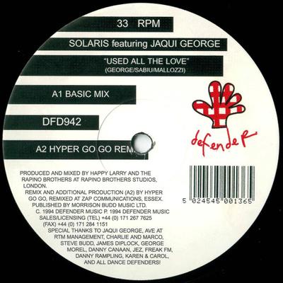 12inch Record SOLARIS , JAQUI GEORGE - Used All The Love DFD942 DEFENDER MUSIC 1994 UK Dance & Electronica Used