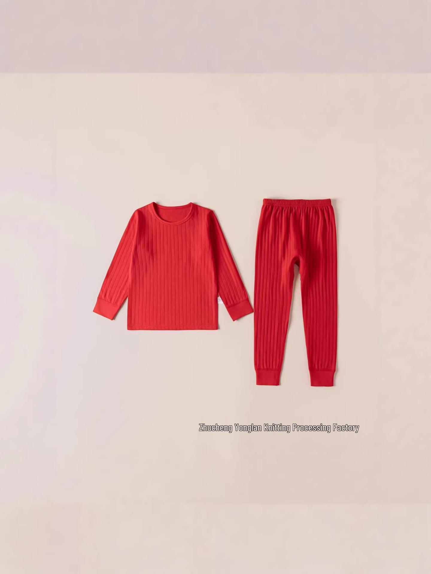 2026 Children s Red Cotton Home Wear Set – Tagless Autumn Top & Bottom for Boys & Girls 110 cm