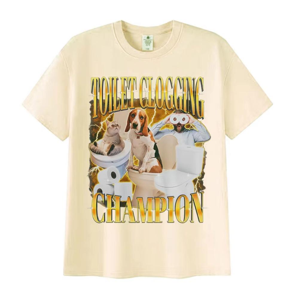 Toilettenverstopfungs-Champion Lustige Meme-Grafiken T-Shirt Niedlicher Haustier-Humor Geschenk Kurzarm-T-Shirts Mode Hochwertige Baumwoll-Tees