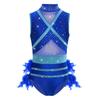 Collant de Dança Feminino Sem Mangas Patchwork de Renda Recorte de Pena nas Costas Brilhantes Strass Color Block
