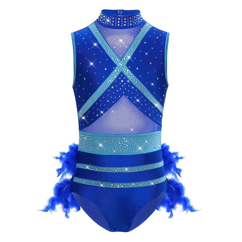 Collant de Dança Feminino Sem Mangas Patchwork de Renda Recorte de Pena nas Costas Brilhantes Strass Color Block