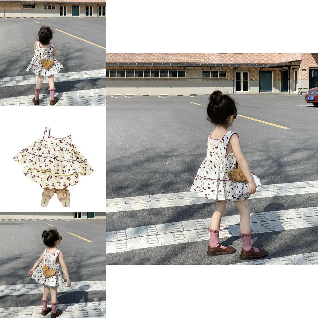 Charming Two Piece Summer Set For Little Girls Featuring Cherry Blossom Print Design