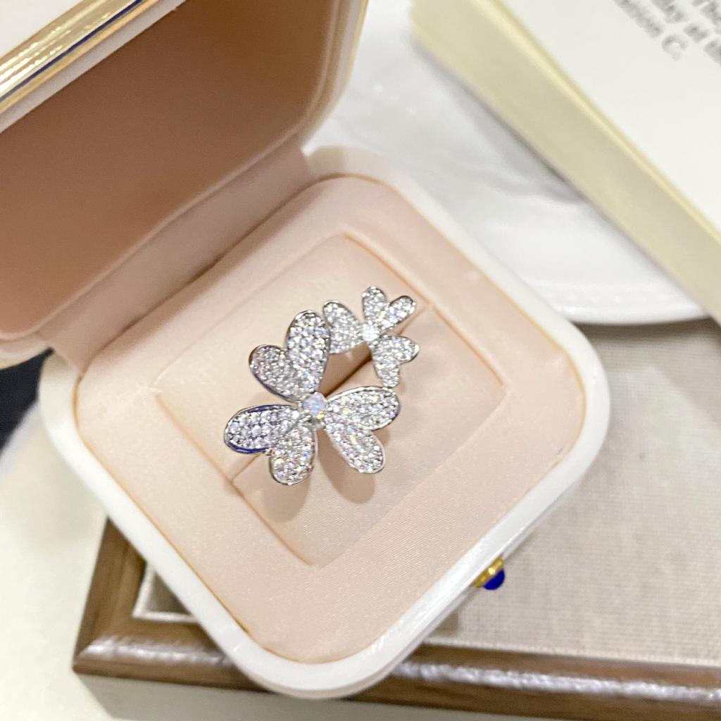 Luxury Double Clover Heart Diamond Adjustable Ring
