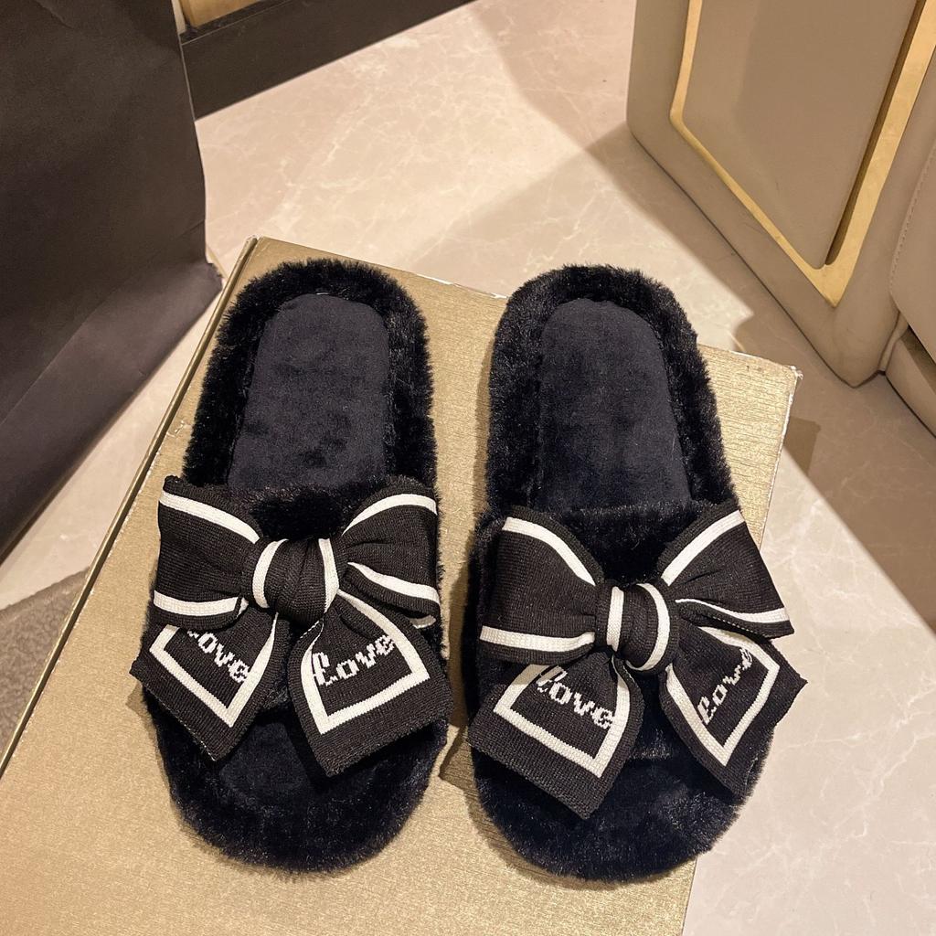 Fashion Casual Fluffy Slippers Women House Flats Fashion Winter Bowknot Love Designer Shoes Ladies Home Plush Platform Elegant Footwear