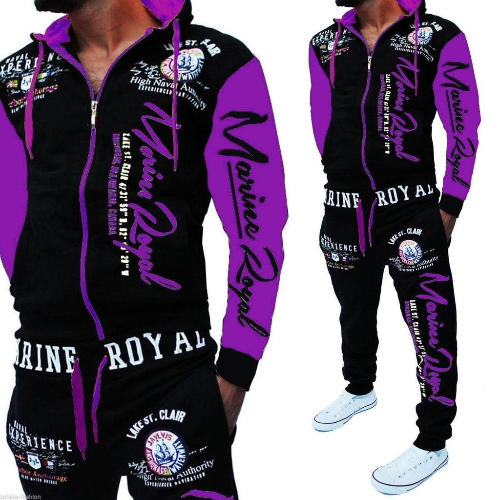 Tuta da uomo Marine Royal stampata con cappuccio, maniche e pantaloni a contrasto