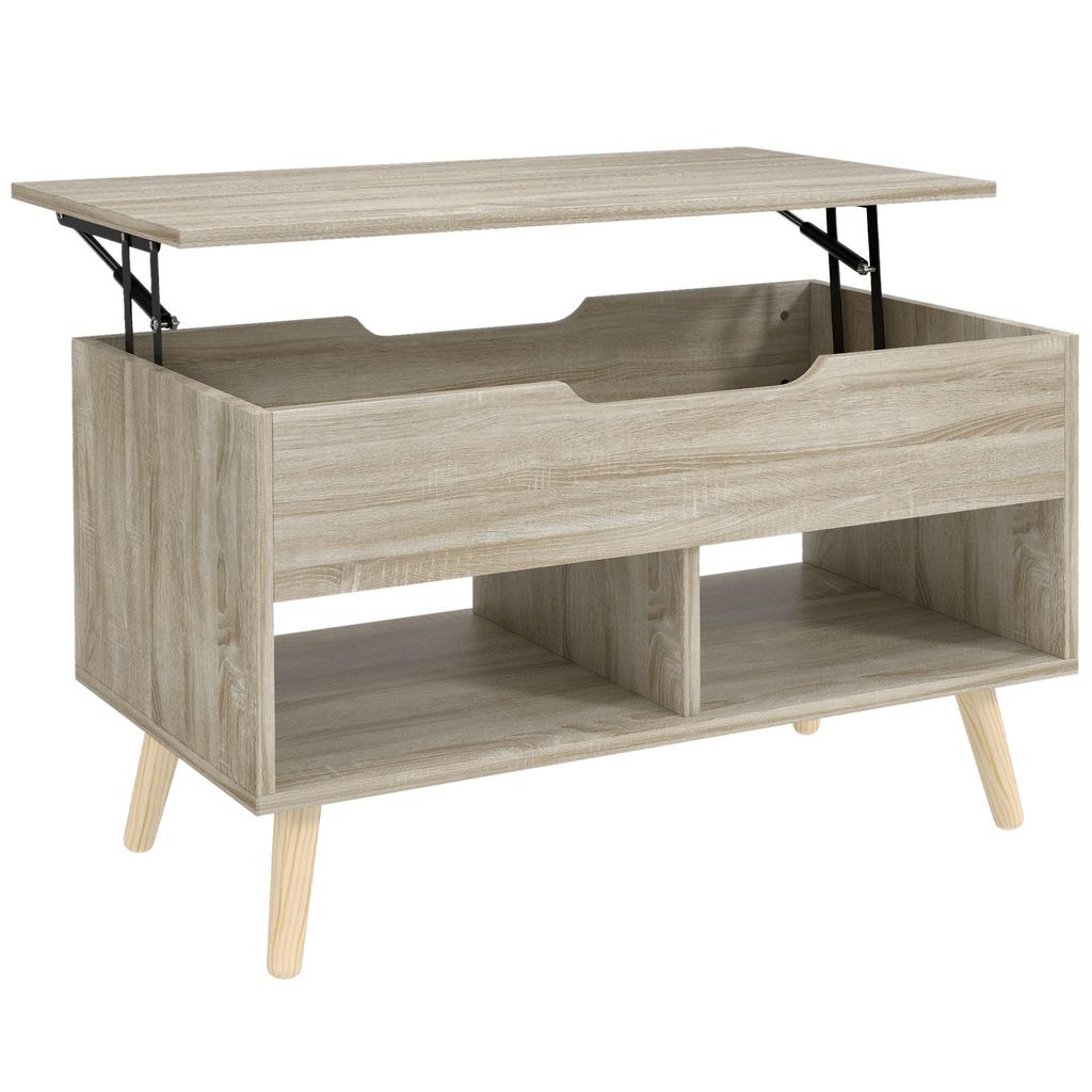 Lift-Top Coffee Table, Hidden Compartment, Open Shelves, 75 x 40 x 58 cm, Natural Wood