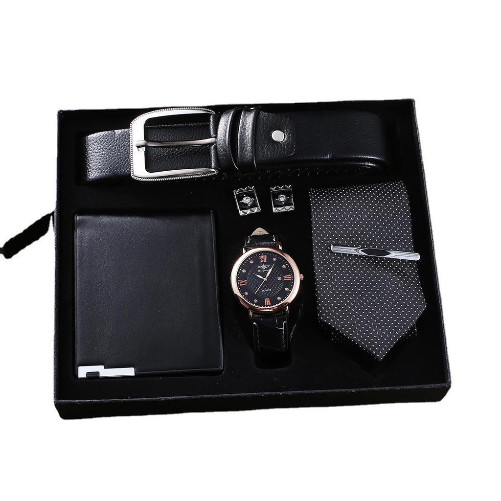 Pánská obchodní módní dárková sada: Křemenné hodinky s dvojitým displejem, pásek, peněženka, manžetové knoflíčky a kravata.