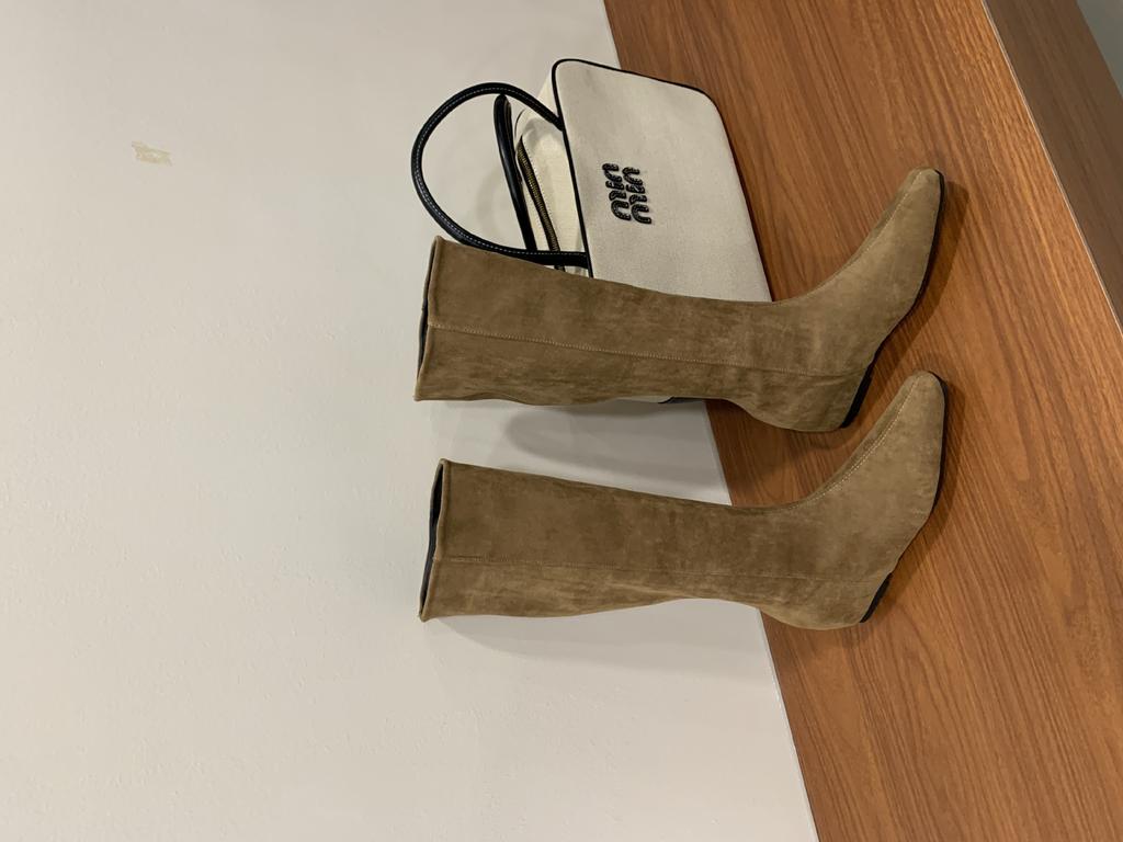 2025 New Square Head Suede But Knee Thin Inner Slope Heel Knight Women's Boots