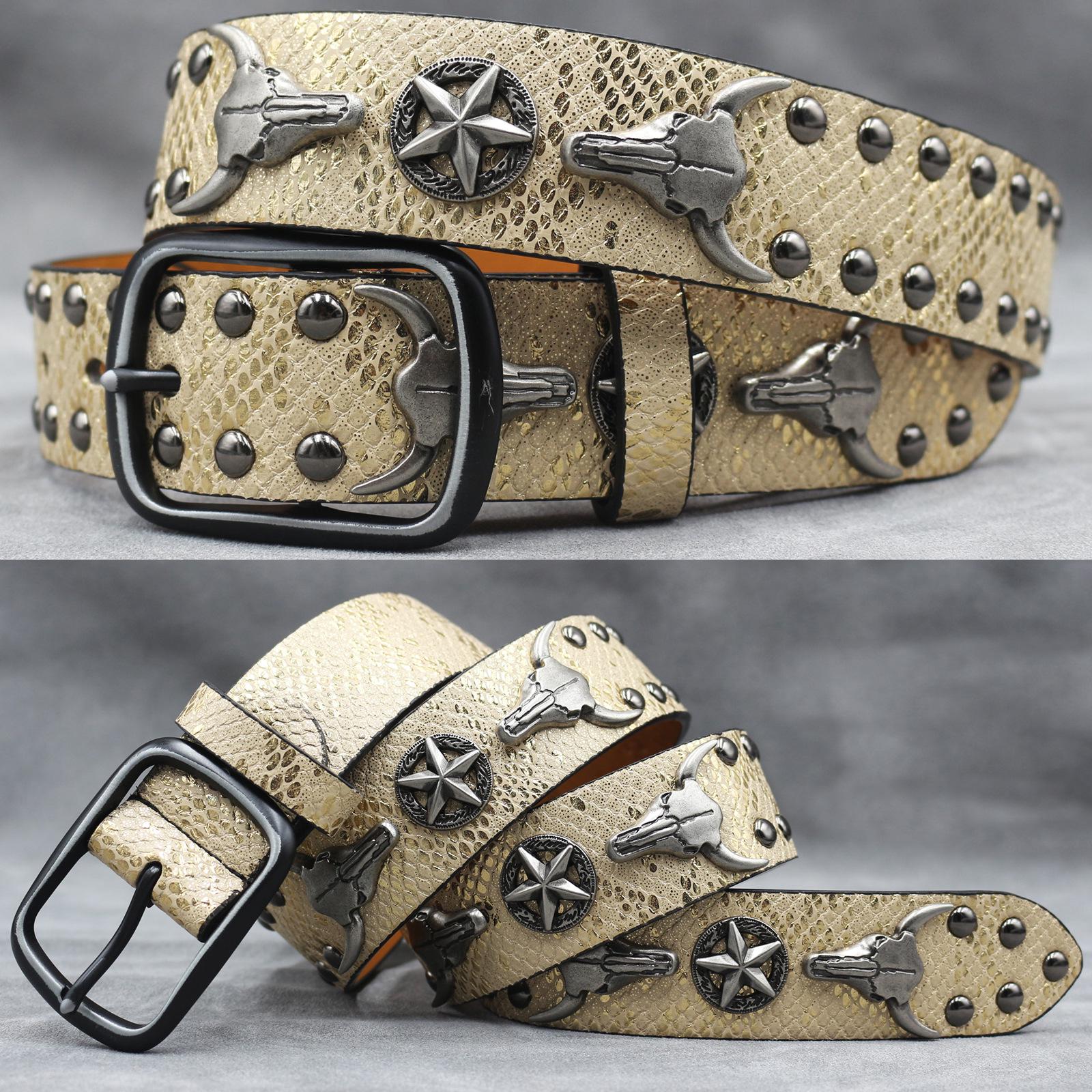 

7 Colors Western Bull Head Rivet Leather Belt - Punk Snake Print Unisex Y2K Accessory 125 cm золотий