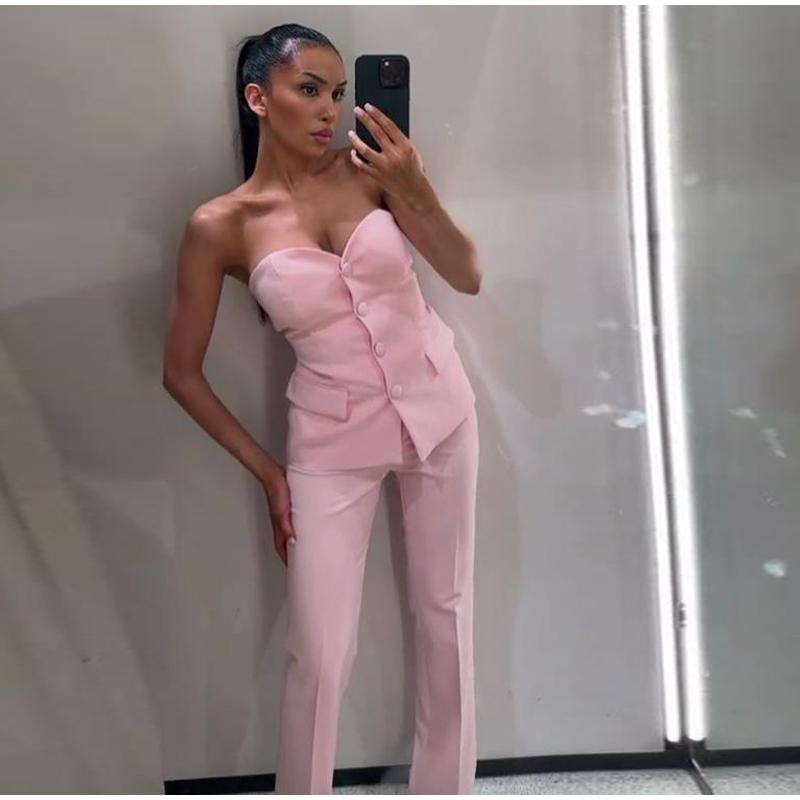 Elegant Solid Vest Pants Women Outfit Sexy Tube Single Breasted Pocket Tank Top Loose Zippers Trousers Summer Lady Outfit